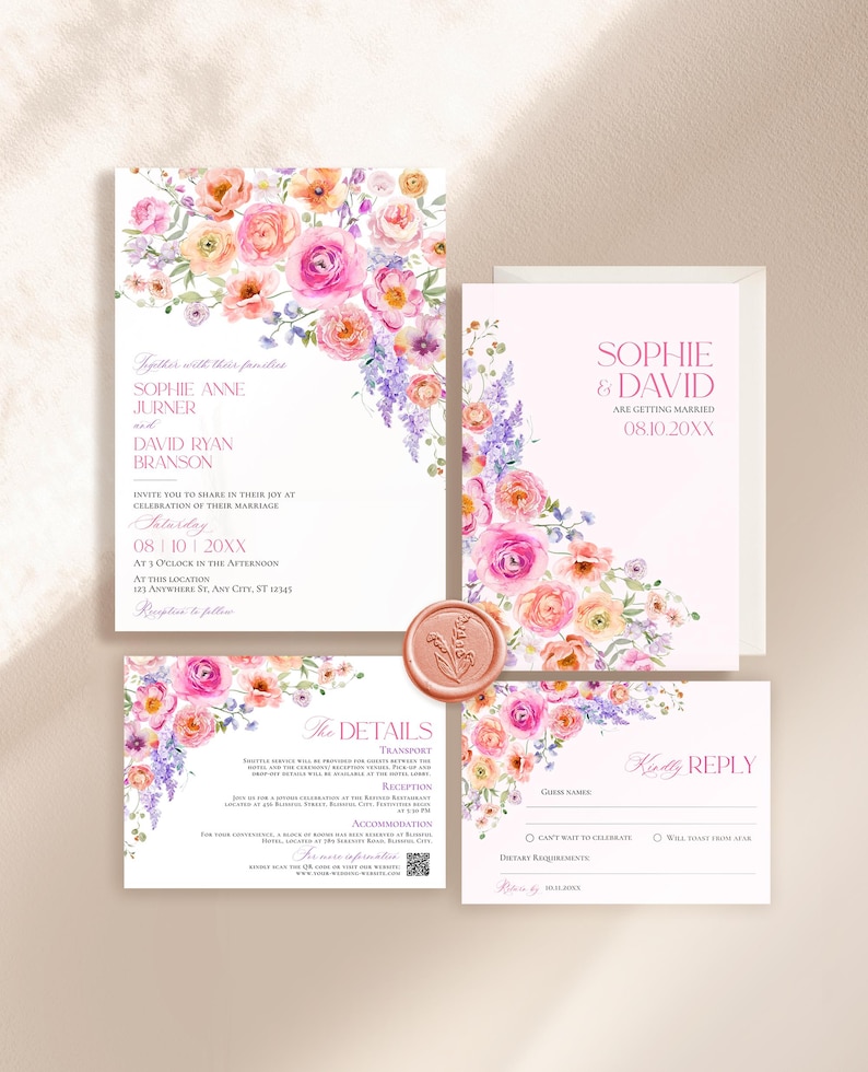May include: A wedding invitation suite featuring watercolor floral illustrations in shades of pink, orange, and purple. The set includes a main invitation, a details card, a reply card, and a wax seal with a botanical design.