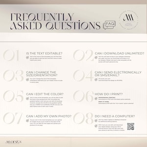 May include: A light beige infographic with the title "FREQUENTLY ASKED QUESTIONS" in a decorative font. The graphic answers questions about editing templates, including text, color, and photos. It also addresses printing options.