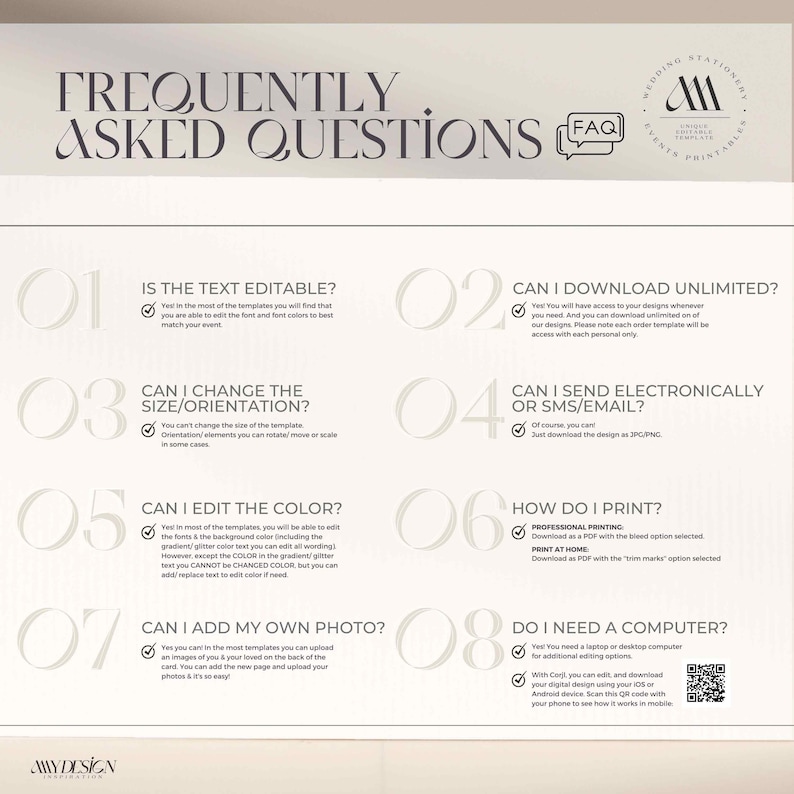 May include: A light beige infographic with the title "FREQUENTLY ASKED QUESTIONS" in a decorative font. The graphic answers questions about editing templates, including text, color, and photos. It also addresses printing options.