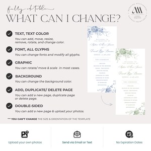 Puede incluir: Una lista de verificaci&oacute;n de lo que se puede cambiar en una plantilla de invitaci&oacute;n de boda. La lista incluye texto, color del texto, fuente, todos los glifos, gr&aacute;fico, fondo, agregar, duplicar o eliminar p&aacute;gina, y doble cara. La plantilla es para una invitaci&oacute;n de boda con un dise&ntilde;o floral y el texto "Bienvenido a la boda de Sophie Aveo Jarver y David Rye Cransen".