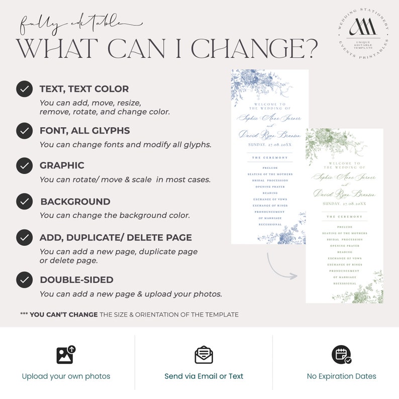 Puede incluir: Una lista de verificaci&oacute;n de lo que se puede cambiar en una plantilla de invitaci&oacute;n de boda. La lista incluye texto, color del texto, fuente, todos los glifos, gr&aacute;fico, fondo, agregar, duplicar o eliminar p&aacute;gina, y doble cara. La plantilla es para una invitaci&oacute;n de boda con un dise&ntilde;o floral y el texto "Bienvenido a la boda de Sophie Aveo Jarver y David Rye Cransen".