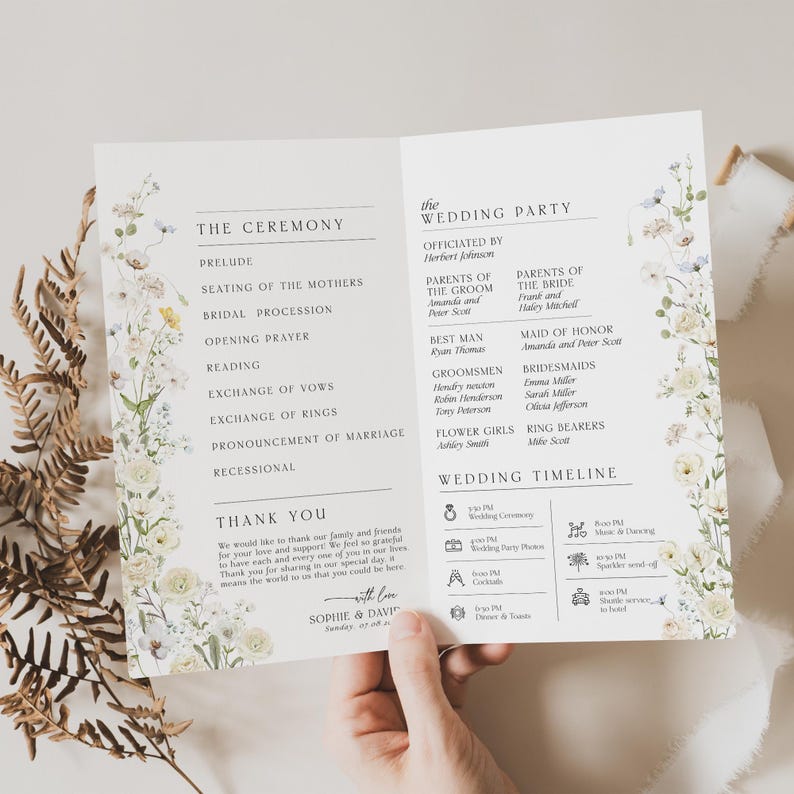 May include: A wedding program with floral accents. The program includes details for the ceremony, wedding party, and timeline. The text includes the names of the bride and groom, and the date of the wedding.