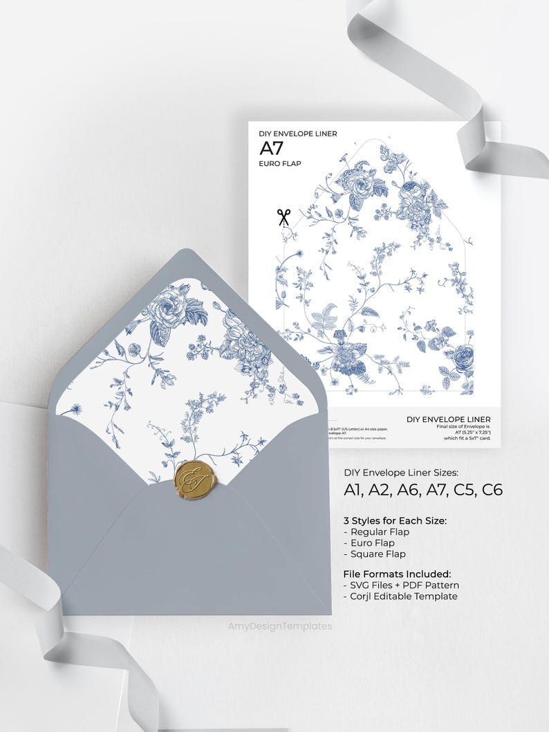 Monogram Blue Envelope Liner Template, DIY Envelope Liner Printable Template, Wedding Envelope Liner Template, PDF SVG Digital Download