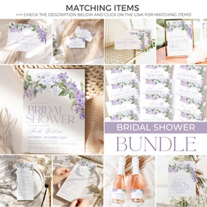 May include: Lilac floral bridal shower bundle with a variety of printable items including invitations, food labels, games, and decorations. The bundle includes a custom sign, word scramble, mad libs, a bucket list, a scavenger hunt, and a menu. The text on the invitation reads 'Please join us for a bridal shower in honor of the bride Sarah William Saturday December 24th Two o'clock in the afternoon at the location 123 Anywhere St. Any City, ST 12345 RSVP: 123-456-7890 & Amazon'.