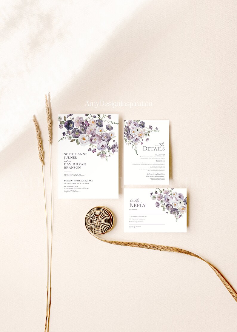 Purple Wedding Invitation Suite Template Botanical Wedding Invitation Set Poppy Floral Violet Wedding Invite Set Editable