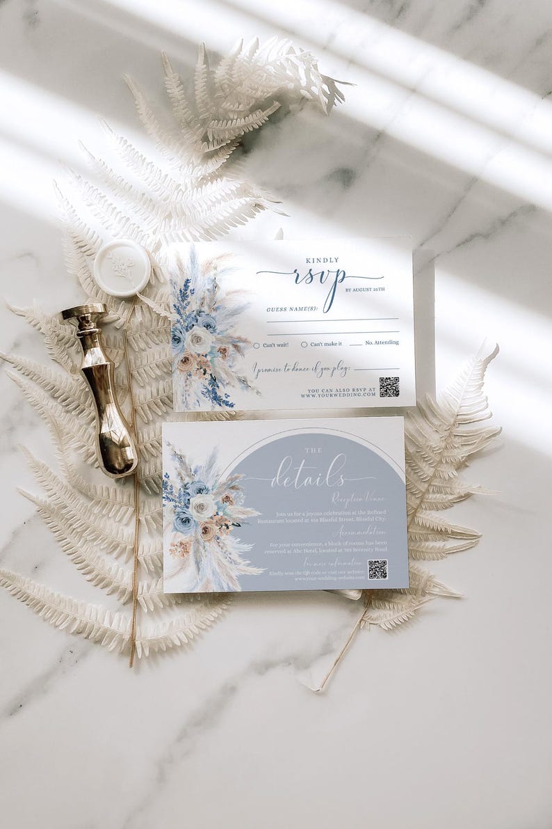May include: A wedding RSVP card with a blue and white floral design. The card has a section for the guest's name, RSVP options, and a QR code. The text on the card reads "Kindly RSVP by August 20th" and "The Details".