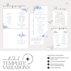 Puede incluir: Una plantilla de programa de boda con un dise&ntilde;o floral azul. La plantilla incluye una tarjeta de programa plegada de 5,5 x 8,5 pulgadas, una tarjeta plana de 8,5 x 11 pulgadas, una tarjeta de doble cara de 4 x 9 pulgadas, una opci&oacute;n de papel de ahorro y colecciones de iconos.