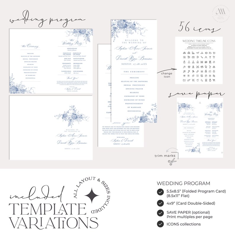 Puede incluir: Una plantilla de programa de boda con un dise&ntilde;o floral azul. La plantilla incluye una tarjeta de programa plegada de 5,5 x 8,5 pulgadas, una tarjeta plana de 8,5 x 11 pulgadas, una tarjeta de doble cara de 4 x 9 pulgadas, una opci&oacute;n de papel de ahorro y colecciones de iconos.