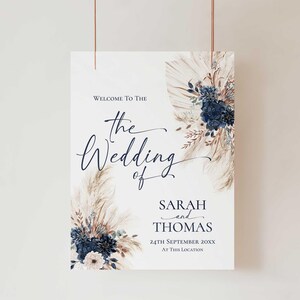 Navy Blue Wedding Welcome Sign Template, Boho Wedding Sign Template, Pampas Signage Printable E108