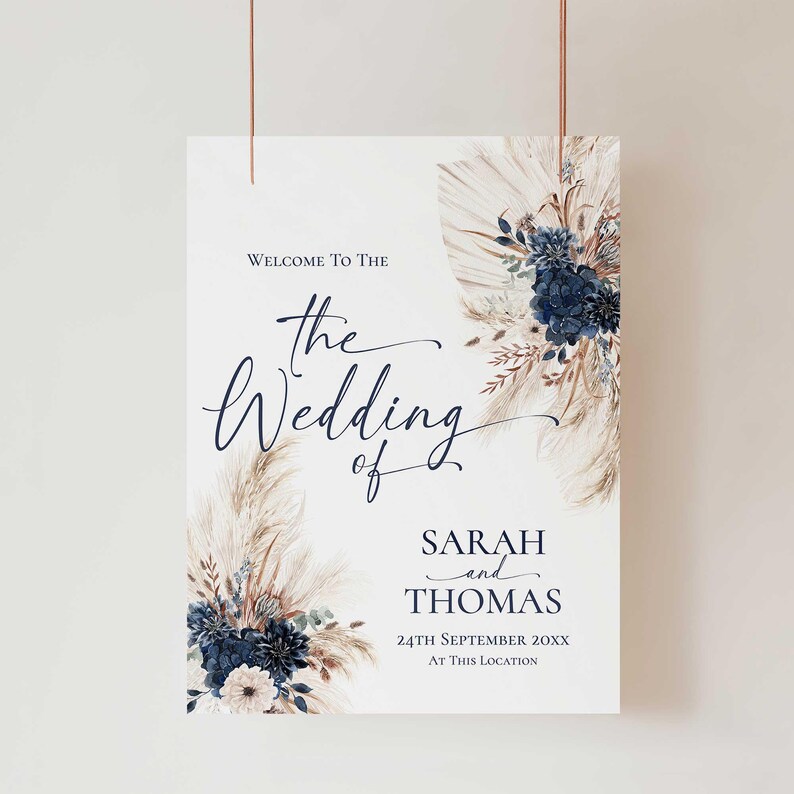 Navy Blue Wedding Welcome Sign Template, Boho Wedding Sign Template, Pampas Signage Printable E108