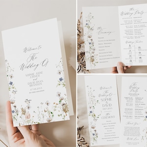 カトリックの結婚式プログラム テンプレート、ワイルドフラワーの結婚式セレモニー プログラム (折り畳み)、ミニマリスト カトリック プログラム、礼拝順序 D028
