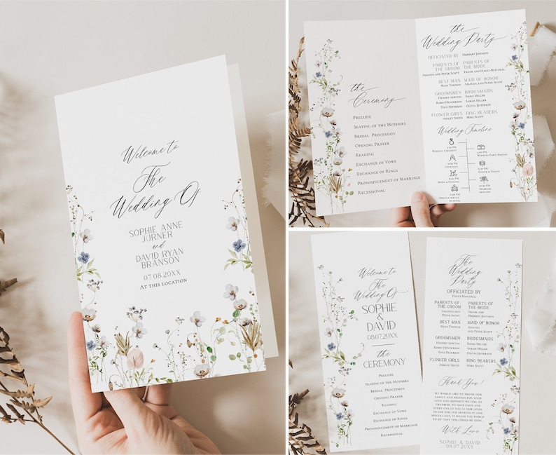 May include: Wedding ceremony program with floral border. The program includes the names of the bride and groom, Sophie Anne Jurner and David Ryan Branson, the date of the wedding, 07.08.20XX, and the location. The program also includes the order of the ceremony and the wedding party.