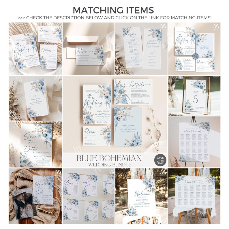 May include: Blue and white wedding invitation suite with floral designs. The suite includes save the date cards, invitations, RSVP cards, details cards, table numbers, welcome sign, and seating chart.