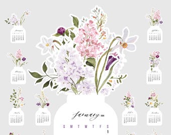 Lilac Narcissus Watercolor Jar Desk Calendar Monthly Cards Printable, Vintage Botanical Monthly Cards Printable Calendar 2027 2028