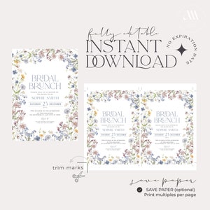 May include: Printable bridal brunch invitation with a floral border. The invitation features the text "Bridal Brunch" and the bride's name, "Sophie Smith". The date is Saturday, 23 December. The invitation is fully editable and includes trim marks for easy cutting.