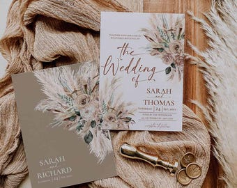 Rustic Tan Boho Wedding Invitation Card, Desert Fall Wedding Invite Template Printable, Neutral Beige Terracotta Pampas E130