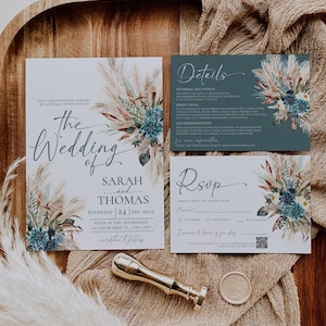 Boho Teal Wedding Invitation Template, Bohemian Teal Wedding Invitation Suite Editable Printable, Turquoise Wedding Card E106
