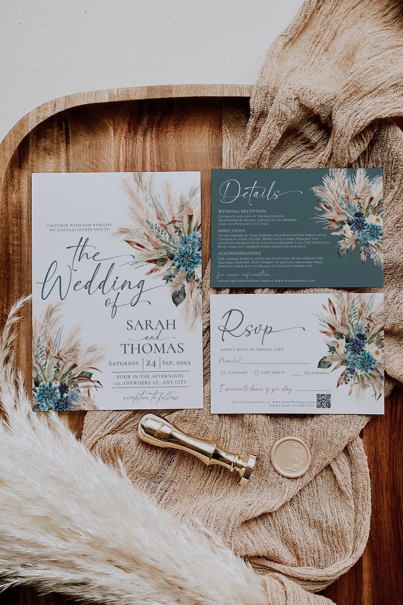 Boho Teal Wedding Invitation Template, Bohemian Teal Wedding Invitation Suite Editable Printable, Turquoise Wedding Card E106