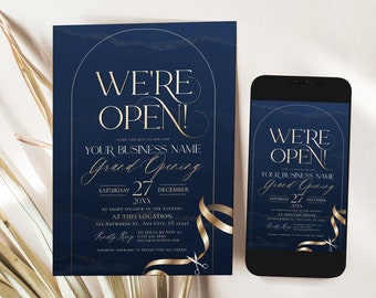 May include: A navy blue grand opening invitation card and a smartphone displaying the same design. The text reads WE'RE OPEN! YOUR BUSINESS NAME Grand Opening SATURDAY 27 DECEMBER 20XX AT EIGHT O'CLOCK IN THE EVENING AT THIS LOCATION.