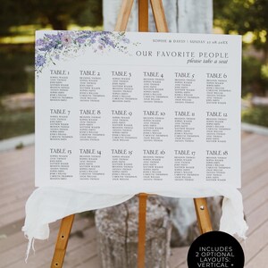 Plantilla imprimible de plano de asientos para bodas con glicinias moradas, letrero de planos de asientos, letrero para encontrar su asiento, plano de asientos para bodas con motivos florales D014 imagen 4