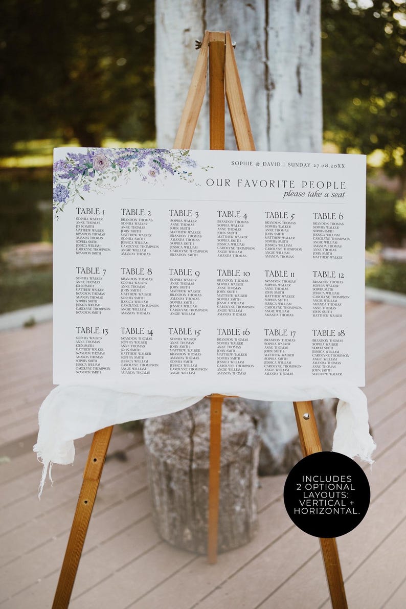 Plantilla imprimible de plano de asientos para bodas con glicinias moradas, letrero de planos de asientos, letrero para encontrar su asiento, plano de asientos para bodas con motivos florales D014 imagen 4