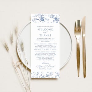 Something Blue Wedding Thank You Card Template: Minimalist Napkin Note French Toile Floral Vintage Monogram
