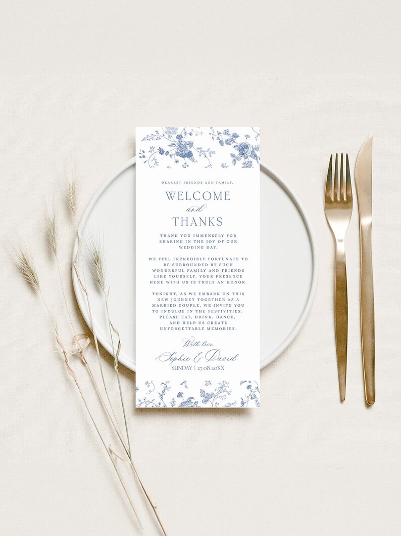 Something Blue Wedding Thank You Card Template: Minimalist Napkin Note French Toile Floral Vintage Monogram
