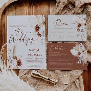 Boho Hochzeitseinladung Set, Terrakotta Hochzeit einladen Set Vorlage, bearbeitbare Hochzeit im Herbst einladen Pampasgras Elegante Hochzeit D021