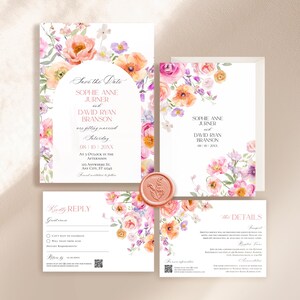 Colorful Flowers Wedding Invitation Template Editable, Spring Wedding Invitation Cards, Bright Wedding Invitation Suite Template E101