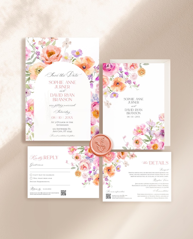Colorful Flowers Wedding Invitation Template Editable, Spring Wedding Invitation Cards, Bright Wedding Invitation Suite Template E101