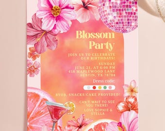 Vibrant Tropical Blossom Birthday Party Invitation Template Canva, Pink Disco Ball Summer Invite, Hibiscus Floral, Citrus Cocktail Party