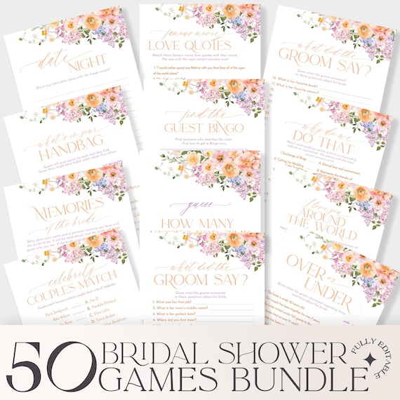 Floral Bridal Shower Games Bundle: 50 Printable Games (Digital Download) B048