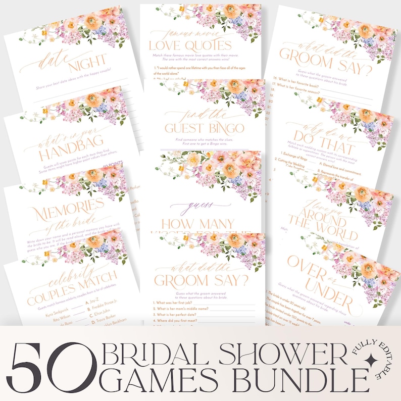 50 Bridal shower games bundle, Floral bridal shower bundle, Games Printable, Shower Games B048
