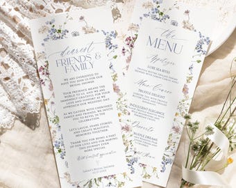May include: Two rectangular paper cards featuring a floral border with blue, pink, and yellow wildflowers. One card reads Dearest Friends & Family, the other reads The Menu, listing appetizers, main courses, and desserts for a bridal shower.