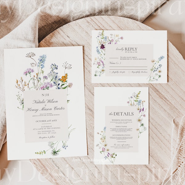 Wildflower Wedding Invitation Suite Template, Botanical Wedding Invite Set, Floral Garden Wedding Invitation Set, Save the Date #425