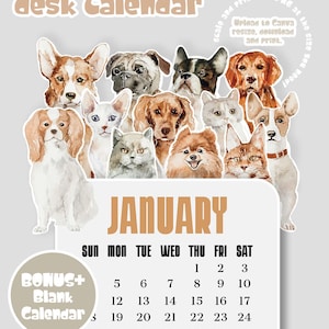 Calendário Animal 2026 para Imprimir - Planejador Mensal Fofo com Cães e Gatos, Calendário de Mesa em SVG para Cricut, Modelo de Calendário em Branco com Tema de Animais de Estimação em Aquarela