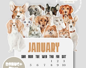 May include: A digital desk calendar template featuring watercolor illustrations of various dogs and cats. The text reads CUTE ANIMAL desk CALENDAR, SVG. PNG. PDF, and JANUARY with a full monthly grid. A circular badge says BONUS+ Blank Calendar.