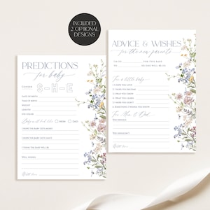 Modèle de carte de prédictions et conseils pour baby shower, fleurs sauvages, voeux de bébé, voeux de bébé + conseils aux parents G001