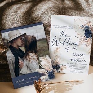 Boho Navy Wedding Invitation Template, Bohemian Wedding Invitations Card, Navy Blue Boho Wedding Template QR Code E108