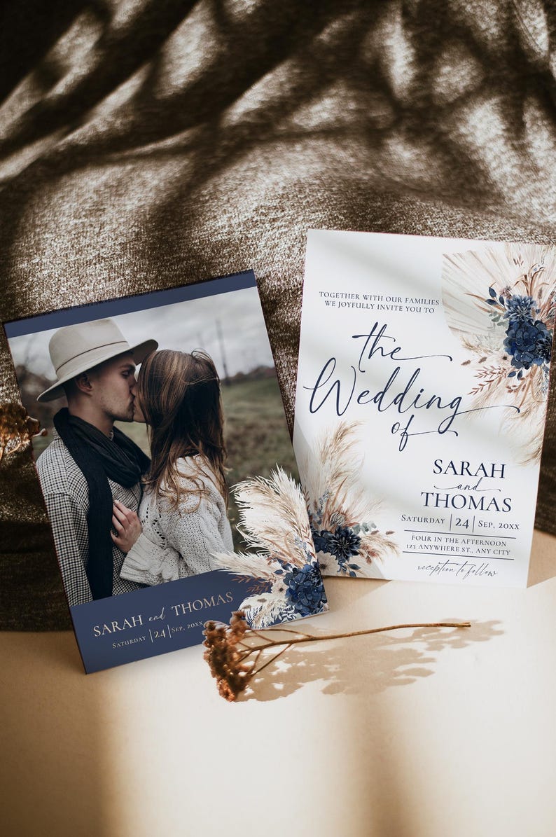 Boho Navy Wedding Invitation Template, Bohemian Wedding Invitations Card, Navy Blue Boho Wedding Template QR Code E108
