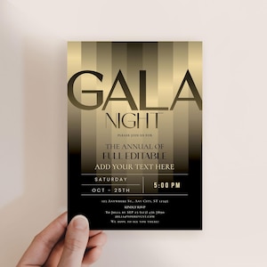 Könnte beinhalten: Eine formelle Einladung mit einem Gold- und Schwarz-Verlaufs-Hintergrund. Die Worte "GALA NIGHT" sind prominent in großen, fetten Buchstaben dargestellt. Die Einladung enthält Details für eine Veranstaltung, mit Platz für individuellen Text.