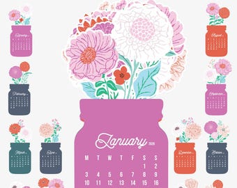 Floral Mason Jar Desk Calendar Monthly Printable Digital Download, Floral Bouquet Planner Monthly Cards 2027 2028, Retro Glass Jar