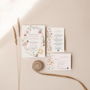 May include: A floral wedding invitation suite with a pink and white floral design. The invitation includes the names "Sophie Juner" and "David Branson" and the date "08.10.20XX". The RSVP card includes a floral design and the text "Kindly Reply".