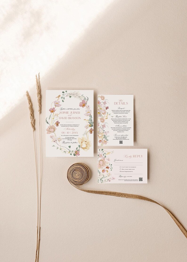 May include: A floral wedding invitation suite with a pink and white floral design. The invitation includes the names "Sophie Juner" and "David Branson" and the date "08.10.20XX". The RSVP card includes a floral design and the text "Kindly Reply".