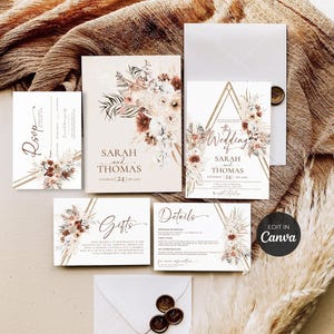 Boho Wedding Invitation Suite Template Canva, Terracotta Wedding Invite, Fall Wedding Set Template, Boho Rust Wedding Canva Template #225b