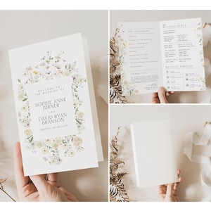 May include: A wedding program with a floral design. The program is white with a rectangular floral border. The text reads "Welcome to the wedding of Sophie Anne Jurner and David Ryan Branson, Sunday 08.10XX". The program is held open by a person.