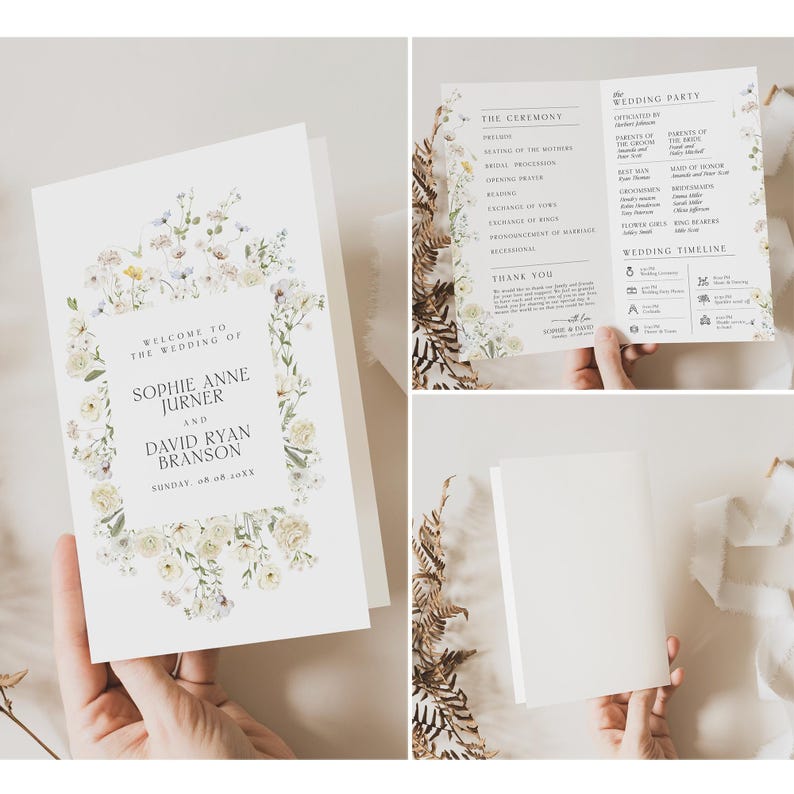 May include: A wedding program with a floral design. The program is white with a rectangular floral border. The text reads "Welcome to the wedding of Sophie Anne Jurner and David Ryan Branson, Sunday 08.10XX". The program is held open by a person.