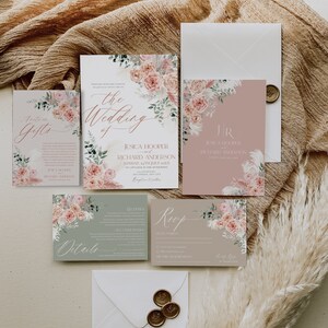 May include: A wedding invitation suite with a floral design. The invitation features a watercolor illustration of pink flowers, greenery, and feathers. The text on the invitation reads "The Wedding of Jessica Hooper and Richard Anderson". The RSVP card features a similar floral design and the text "RSVP".