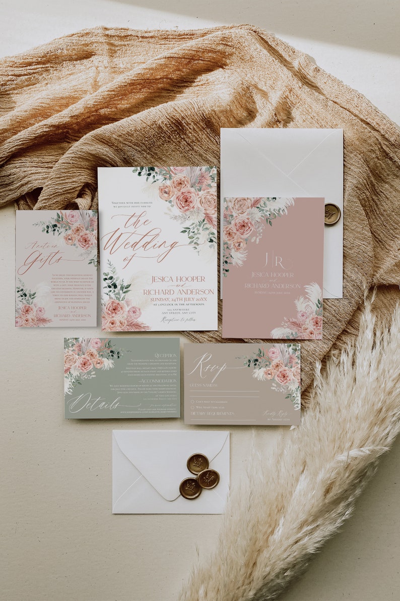 May include: A wedding invitation suite with a floral design. The invitation features a watercolor illustration of pink flowers, greenery, and feathers. The text on the invitation reads "The Wedding of Jessica Hooper and Richard Anderson". The RSVP card features a similar floral design and the text "RSVP".