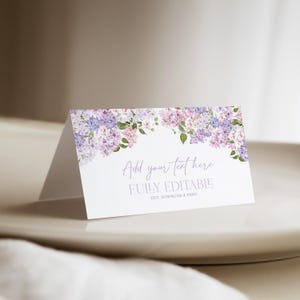 Druckbare Etiketten Gastronomie Verpackung, Name Platz Karten Vorlage, Lila Blumen Brautparty Lebensmittel Etiketten, Essenszelte Lila Hortensien B053